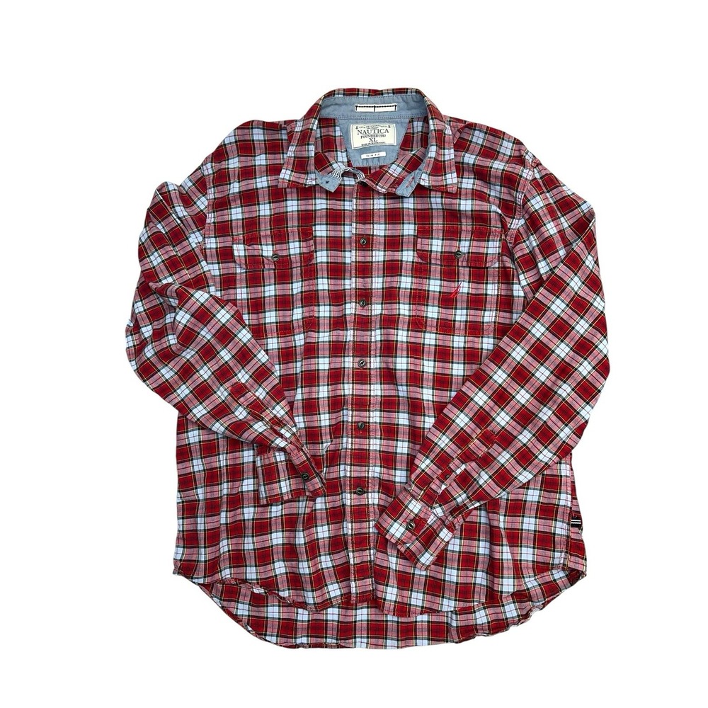 Nautica Shirt XL Red Blue Plaid Logo Chest Pocket‎ Button Up Long Sleeve